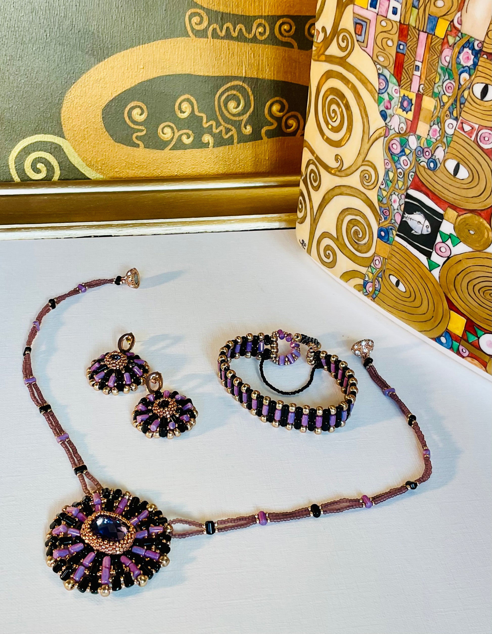 Collana con bracciale ed orecchini artigianali fatti a mano con perline in vetro Miyuki 
